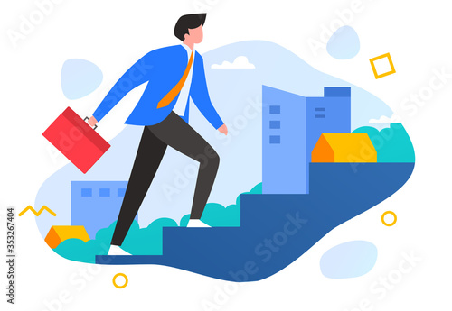 illustration people taking step up stairs to success company business concept