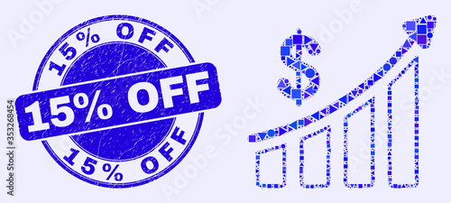 Geometric success financial chart mosaic pictogram and 15% Off seal stamp. Blue vector round scratched stamp with 15% Off text. Abstract composition of success financial chart combined of round,