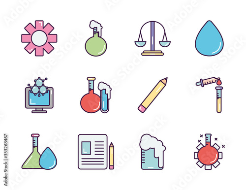 water drop and biochemistry icon set, line and color style