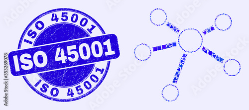 Geometric relation links mosaic icon and ISO 45001 watermark. Blue vector rounded textured watermark with ISO 45001 text. Abstract mosaic of relation links made of spheric, tringle,