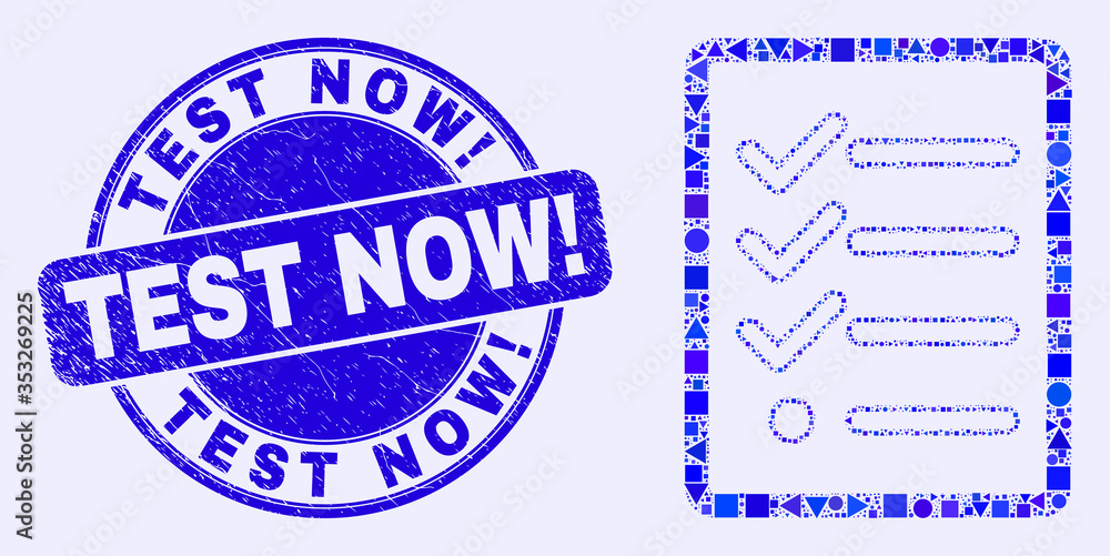 Geometric task list page mosaic pictogram and Test Now! stamp. Blue vector round textured seal stamp with Test Now! title. Abstract mosaic of task list page combined of sphere, tringle,