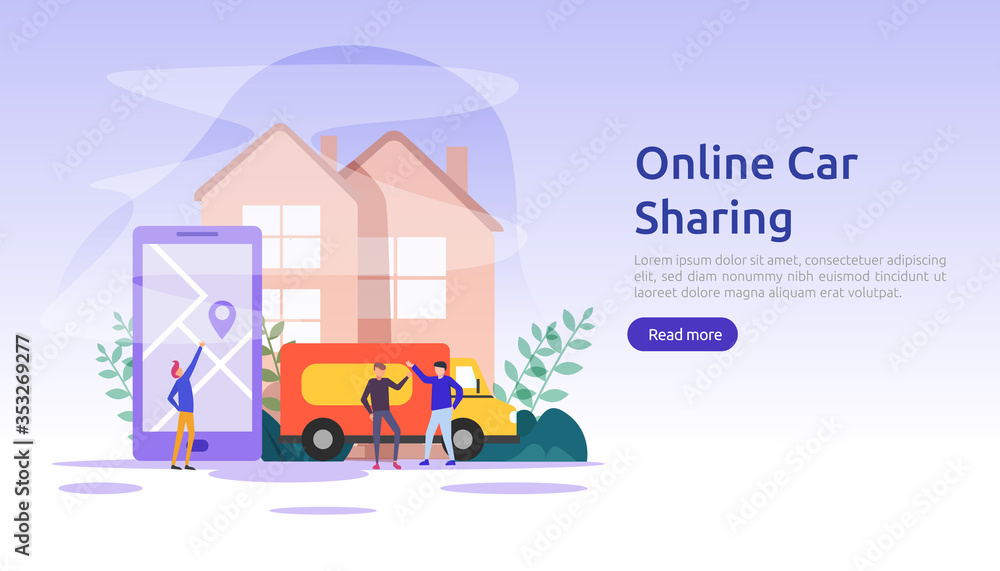 Naklejka premium Online car sharing or rental concept. mobile city transportation with navigation smartphone, online map, GPS and people character for web landing page template, banner, presentation, ad or print media