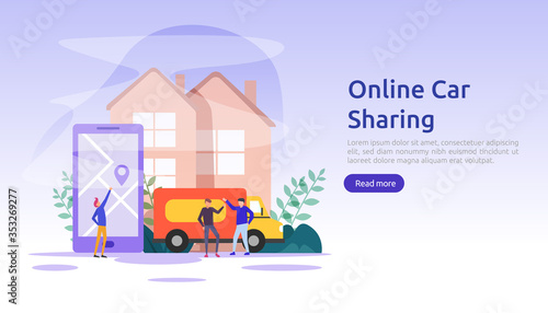 Online car sharing or rental concept. mobile city transportation with navigation smartphone, online map, GPS and people character for web landing page template, banner, presentation, ad or print media