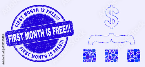 Geometric dollar aggregation mosaic icon and First Month Is Free!!! seal stamp. Blue vector round grunge seal stamp with First Month Is Free!!! title.