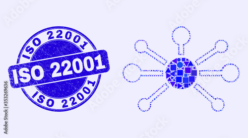 Geometric node links mosaic pictogram and ISO 22001 seal stamp. Blue vector round grunge seal stamp with ISO 22001 title. Abstract composition of node links made of spheric, triangles,