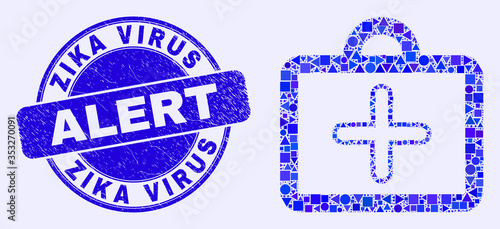 Geometric first-aid case mosaic icon and Zika Virus Alert seal. Blue vector round distress seal stamp with Zika Virus Alert message. Abstract mosaic of first-aid case done of round, tringle,