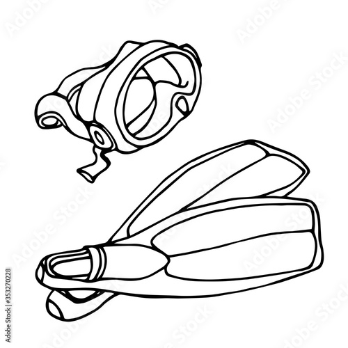simple diving equipment set, mask & rubber fins for underwater swimming, vector illustration with black ink contour lines isolated on white background in doodle and hand drawn style