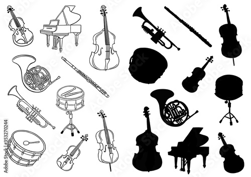 set of symphonic musical instruments find the shadow and paint