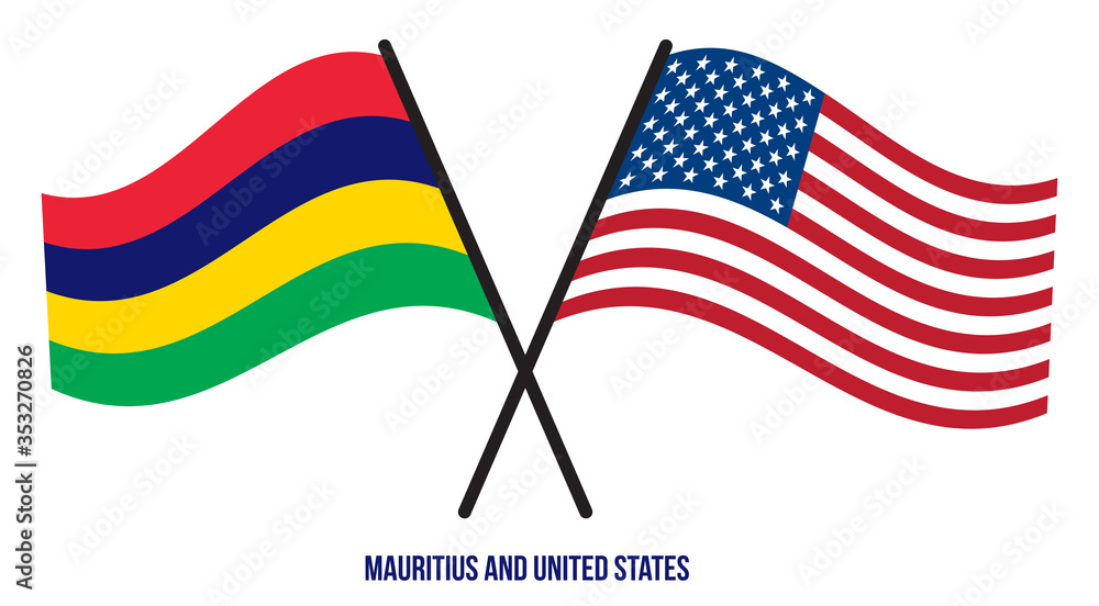 Mauritius and United States Flags Crossed And Waving Flat Style. Official Proportion. Correct Colors