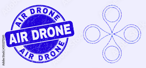 Geometric quadrocopter mosaic pictogram and Air Drone watermark. Blue vector round distress watermark with Air Drone title. Abstract collage of quadrocopter created of round, triangles,