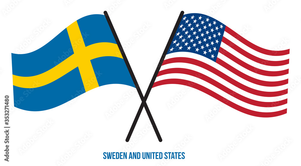 Sweden and United States Flags Crossed And Waving Flat Style. Official Proportion. Correct Colors