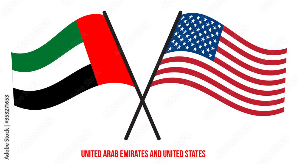 United Arab Emirates and United States Flags Crossed And Waving Flat Style. Official Proportion