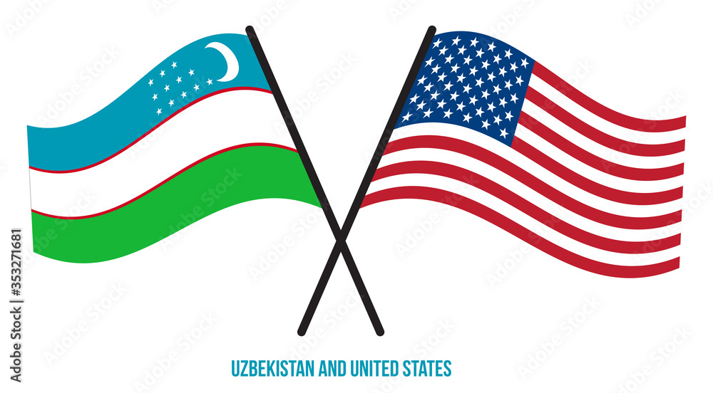 Uzbekistan and United States Flags Crossed Flat Style. Official Proportion. Correct Colors