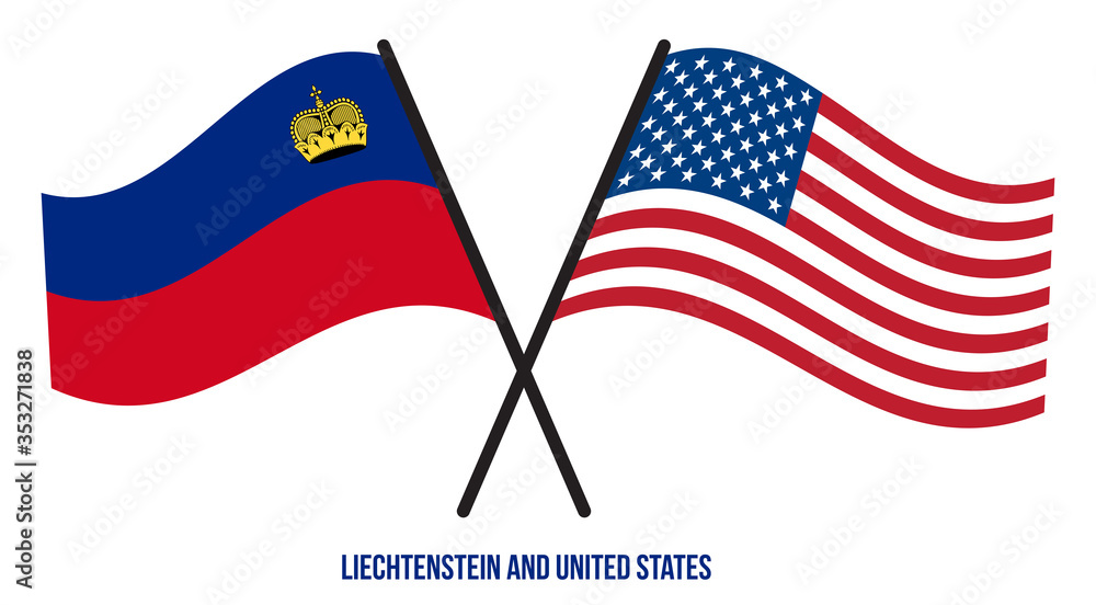 Liechtenstein and United States Flags Crossed Flat Style. Official Proportion. Correct Colors