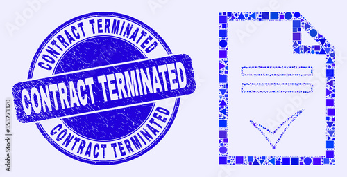Geometric agreement page mosaic pictogram and Contract Terminated watermark. Blue vector round grunge watermark with Contract Terminated phrase. Abstract mosaic of agreement page combined of sphere,