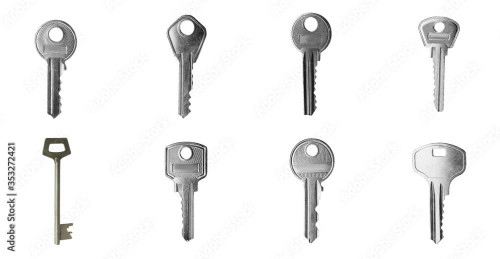 Set of modern steel keys on white background. Banner design Set of modern steel keys on white background. Banner design