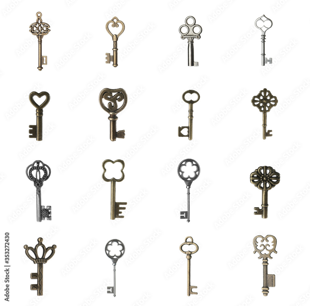 Set of different ornate keys on white background Set of different ornate keys on white background