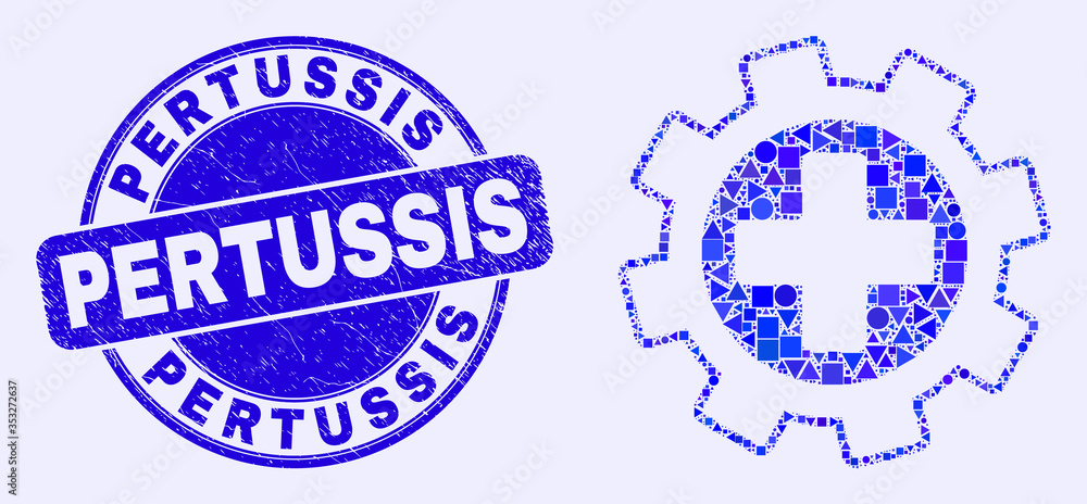Obraz premium Geometric medical settings mosaic icon and Pertussis seal stamp. Blue vector rounded distress seal stamp with Pertussis phrase. Abstract mosaic of medical settings designed of round, tringle,