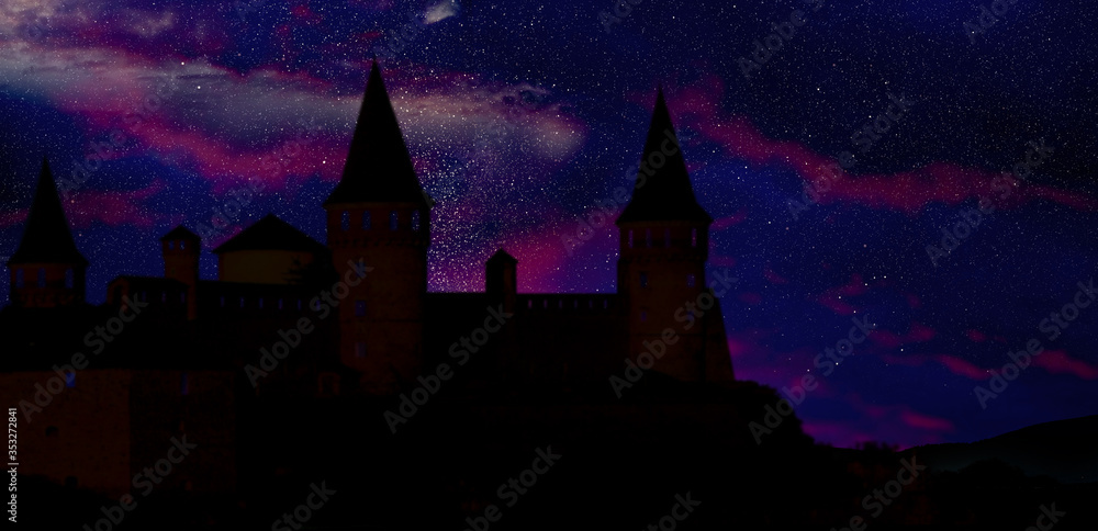 Fairy tale world. Magnificent castle under starry sky at night, banner design Fairy tale world. Magnificent castle under starry sky at night, banner design