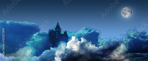 Fairy tale world. Mysterious castle surrounded by clouds under sky with full moon, banner design