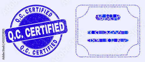 Geometric certificate diploma mosaic pictogram and Q.C. Certified seal. Blue vector round grunge seal with Q.C. Certified caption. Abstract mosaic of certificate diploma created of circle, triangles,