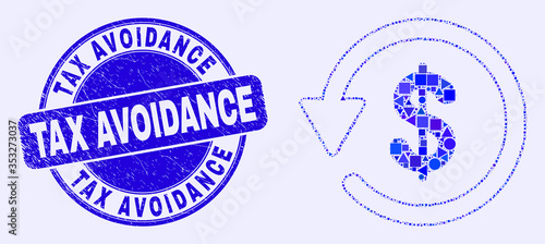 Geometric dollar refund mosaic icon and Tax Avoidance seal stamp. Blue vector rounded textured seal stamp with Tax Avoidance caption. Abstract concept of dollar refund composed of round, tringle,
