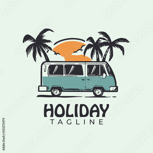 Simple minimalist minibus van holiday logo design template vector