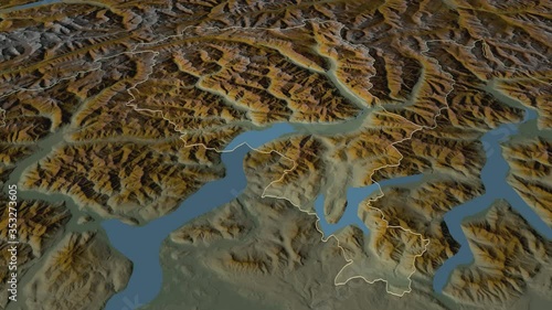 Ticino, canton with its capital, zoomed and extruded on the relief map of Switzerland in the conformal Stereographic projection. Animation 3D photo