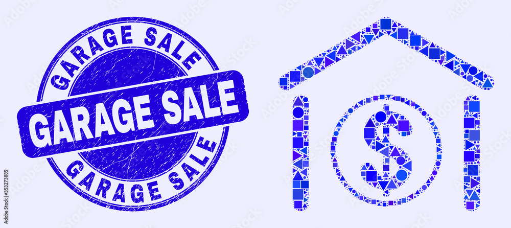 Geometric dollar garage bank mosaic pictogram and Garage Sale seal. Blue vector round scratched seal stamp with Garage Sale phrase. Abstract mosaic of dollar garage bank designed of circle, tringle,
