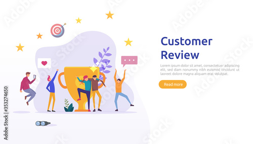 Costumer review rating concept. people character giving feedback evaluation. satisfaction level and critic support with smartphone for web landing page, social, poster, ad, promotion or print media © Surf Ink