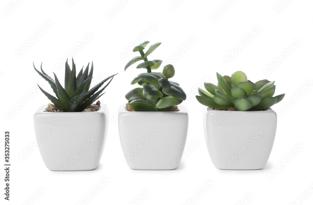 Beautiful artificial plants in flower pots isolated on white Beautiful artificial plants in flower pots isolated on white