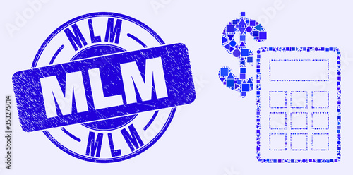 Geometric financial calculator mosaic pictogram and Mlm seal stamp. Blue vector round distress stamp with Mlm phrase. Abstract composition of financial calculator composed of round, triangles,