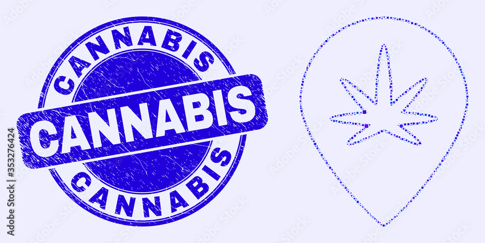 Geometric cannabis map marker mosaic icon and Cannabis seal stamp. Blue vector rounded scratched seal stamp with Cannabis message. Abstract concept of cannabis map marker combined of circle, tringle, Geometric cannabis map marker mosaic icon and Cannabis seal stamp. Blue vector rounded scratched seal stamp with Cannabis message. Abstract concept of cannabis map marker combined of circle, tringle,