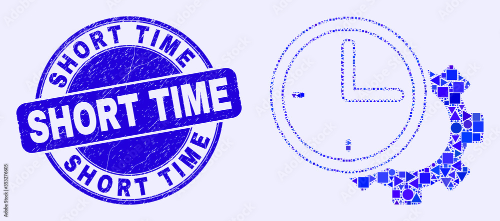 Geometric time settings gear mosaic pictogram and Short Time seal. Blue vector round textured seal stamp with Short Time message. Abstract composition of time settings gear made of round, tringle,