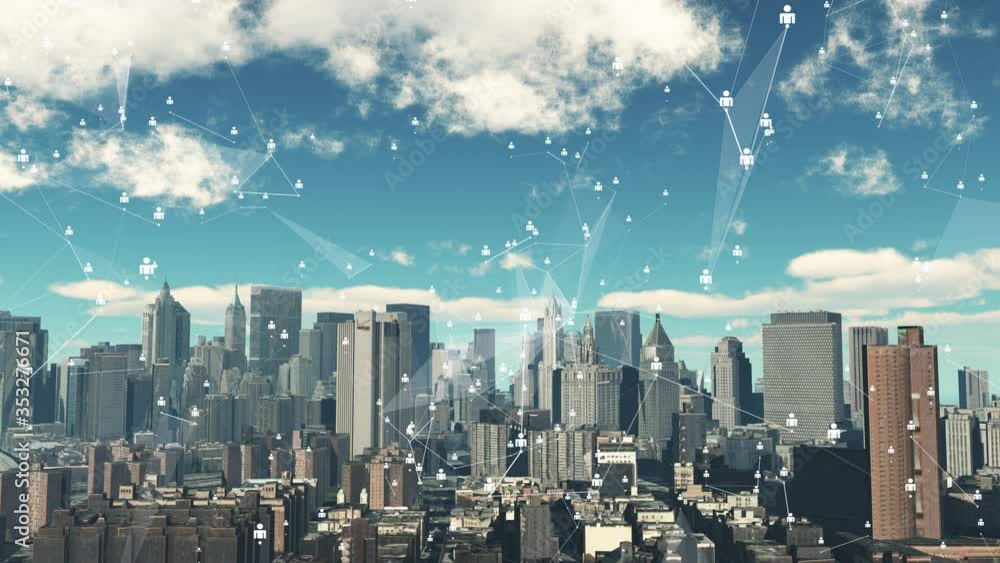 4k timelapse cloud fly over urban building and skyscrapers,abstract Digital background with graph made of nodes with social media symbol.abstract neon geometrical lines with moving triangles