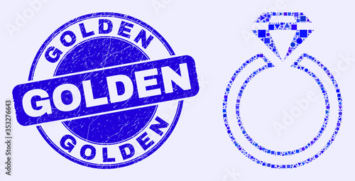 Geometric jewelry ring mosaic icon and Golden watermark. Blue vector rounded grunge watermark with Golden message. Abstract mosaic of jewelry ring composed of round, triangles,