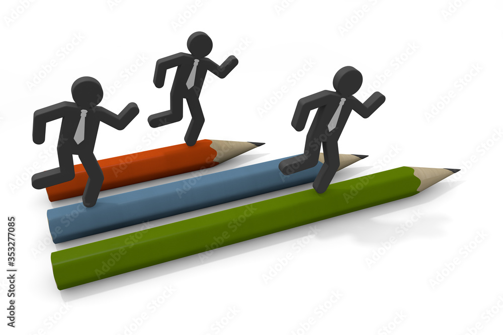 Businessman runs. Three pencils. 3D illustration Businessman runs. Three pencils. 3D illustration