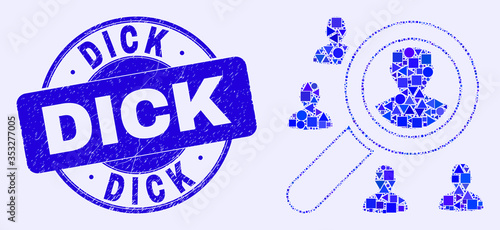 Geometric search users mosaic icon and Dick seal. Blue vector rounded distress seal stamp with Dick message. Abstract mosaic of search users composed of sphere, tringle, square geometric items.