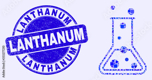 Geometric chemical retort mosaic pictogram and Lanthanum seal stamp. Blue vector round textured seal stamp with Lanthanum text. Abstract concept of chemical retort designed of round, triangles,