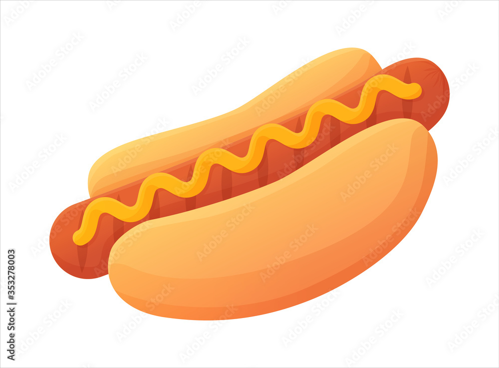 Tasty bright Hot Dog symbol. Grilled Sausage on bun with mustard. Fast food concept. Can be used for web, menu, banner. Stock vector illustration isolated on white bakground in flat cartoon style. Tasty bright Hot Dog symbol. Grilled Sausage on bun with mustard. Fast food concept. Can be used for web, menu, banner. Stock vector illustration isolated on white bakground in flat cartoon style.