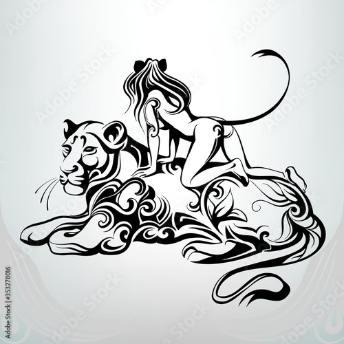 The girl a cat astride a panther
