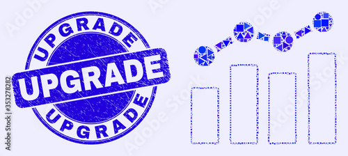 Geometric trend chart mosaic pictogram and Upgrade seal stamp. Blue vector rounded distress seal stamp with Upgrade title. Abstract concept of trend chart created of circle, triangles,