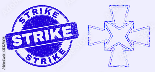 Geometric shrink arrows mosaic icon and Strike seal. Blue vector round distress seal with Strike text. Abstract concept of shrink arrows done of round, triangles, square geometric spots.