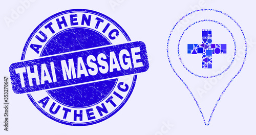 Geometric medical map marker mosaic pictogram and Authentic Thai Massage watermark. Blue vector round grunge watermark with Authentic Thai Massage title.