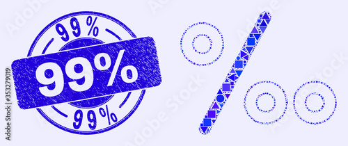 Geometric per mille mosaic pictogram and 99% seal stamp. Blue vector round textured seal with 99% message. Abstract mosaic of per mille designed of spheric, tringle, square geometric spots.