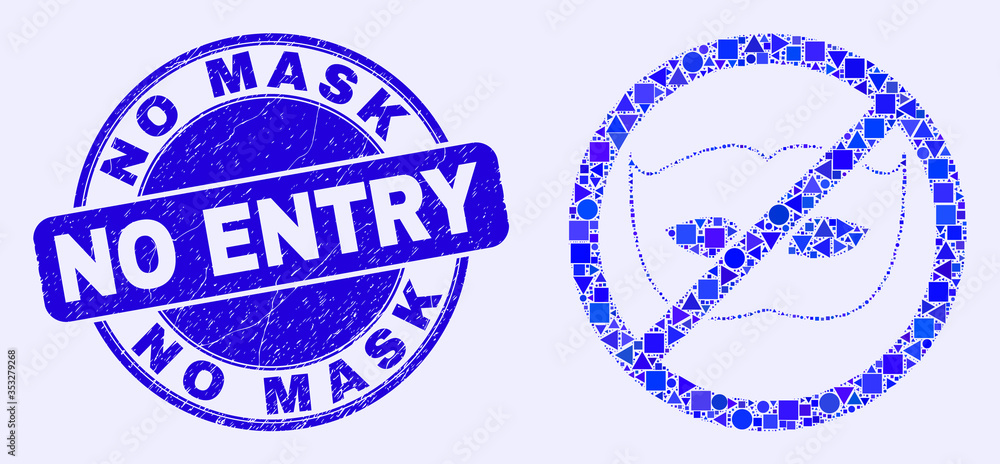 Geometric stop privacy mosaic icon and No Mask No Entry seal stamp. Blue vector round distress seal stamp with No Mask No Entry text. Abstract composition of stop privacy created of sphere, triangles,