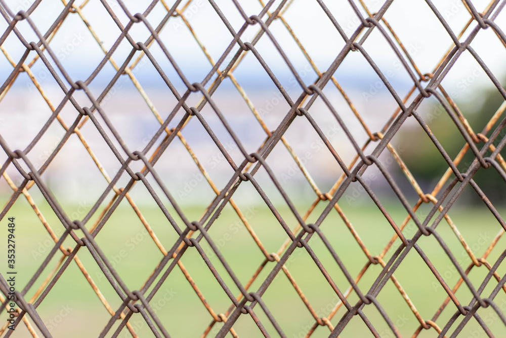 Fototapeta premium Wire fence with green grass on background.