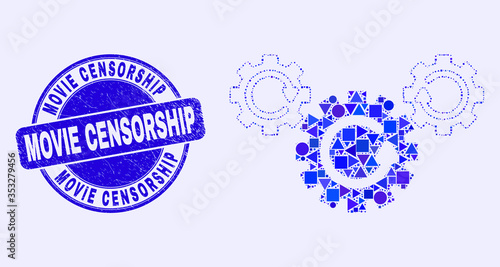 Geometric gear rotation mosaic pictogram and Movie Censorship seal. Blue vector rounded grunge seal stamp with Movie Censorship title. Abstract mosaic of gear rotation constructed of round, tringle,