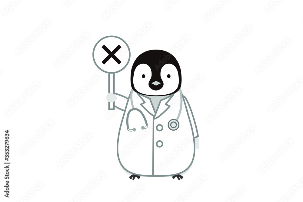 不正解のパネルを持つコウテイペンギンの医師のイラスト 不正解のパネルを持つコウテイペンギンの医師のイラスト