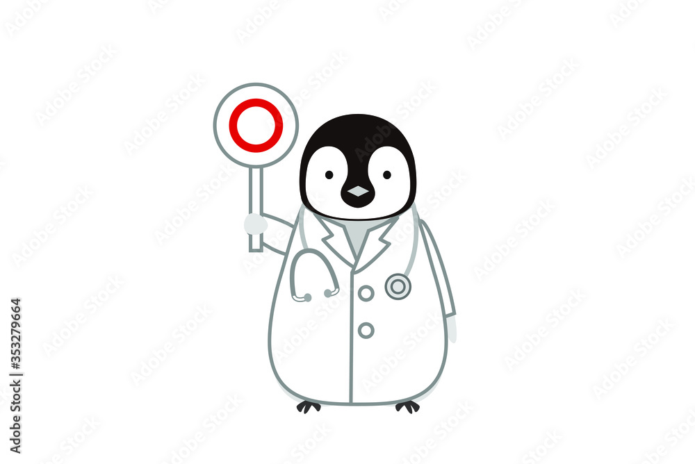 Obraz premium 正解のパネルを持つコウテイペンギンの医者のイラスト